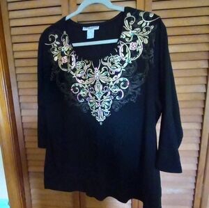 Rebecca Malone Black & Gold Decorated Blouse 3/4 Sleeve SZ 1X
